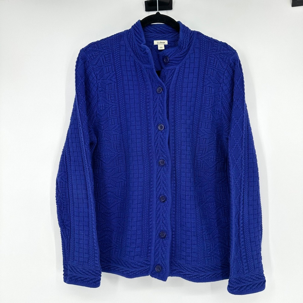 L.L Bean Royal Blue Cable Knit Textured Mockneck Button Front Cardigan Sweater L